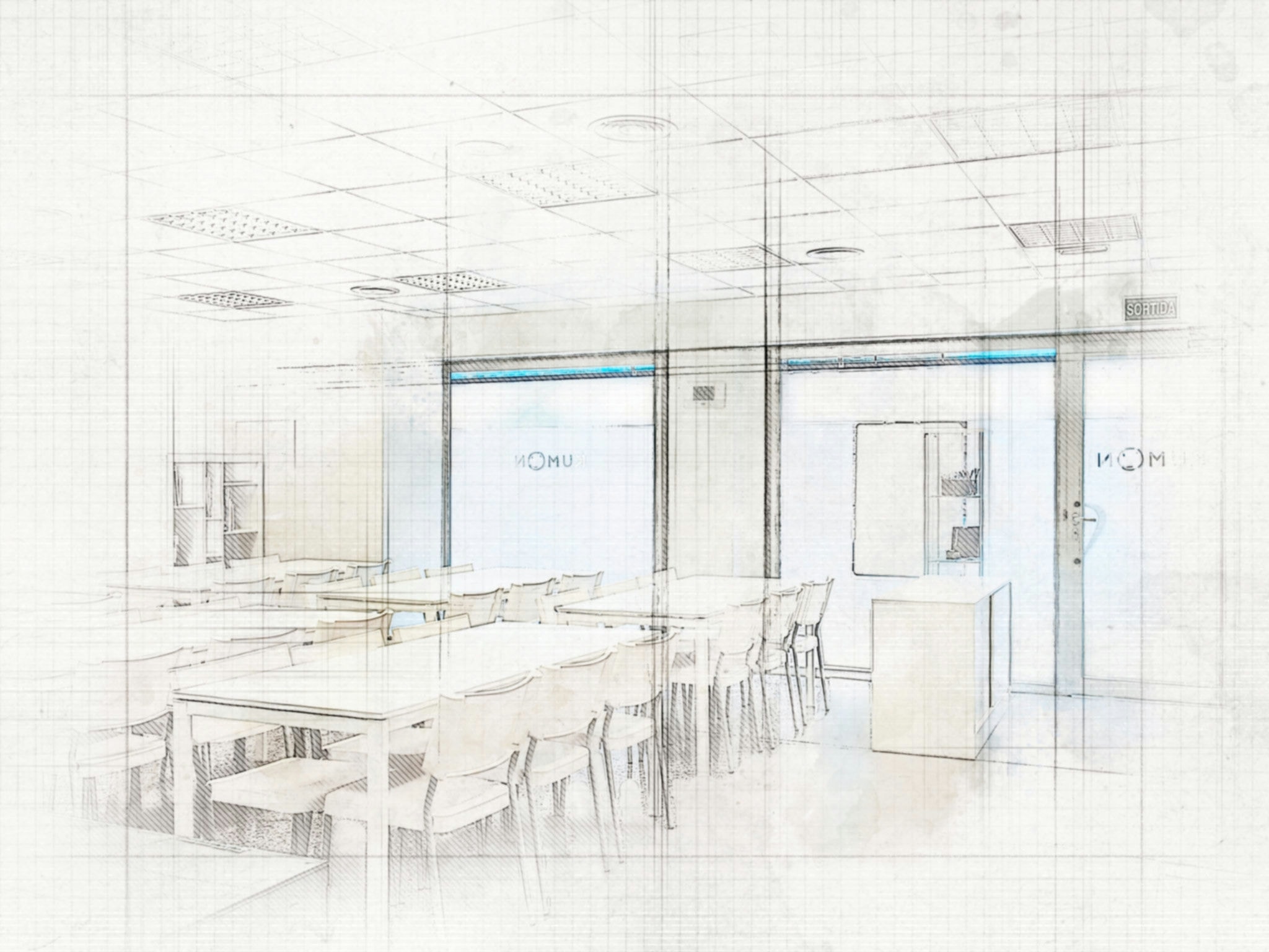 Boceto interior de un comedor minimalista moderno con mesas y sillas de colores claros en un diseño abierto, grandes ventanas que permiten la entrada de luz natural y una vista de la entrada con el nombre 'NOMU'.