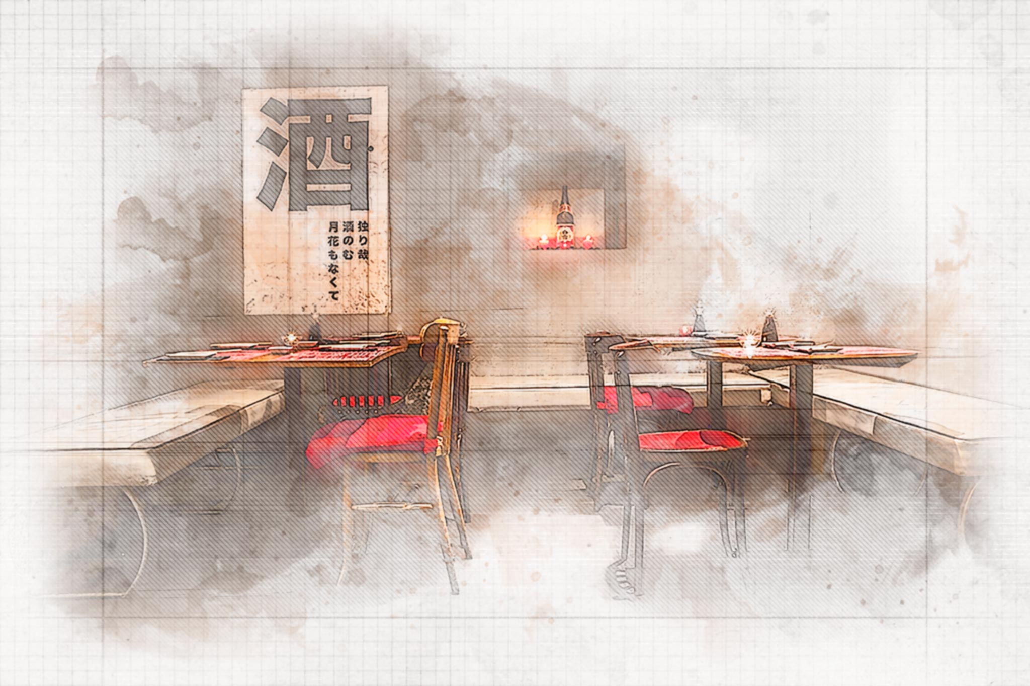 Ilustración de un elegante restaurante en Barcelona con diseño moderno, mobiliario de madera y acentos en rojo. Un carácter japonés en la pared añade un toque cultural, representando la estética y funcionalidad del diseño de interiores de alta gama.