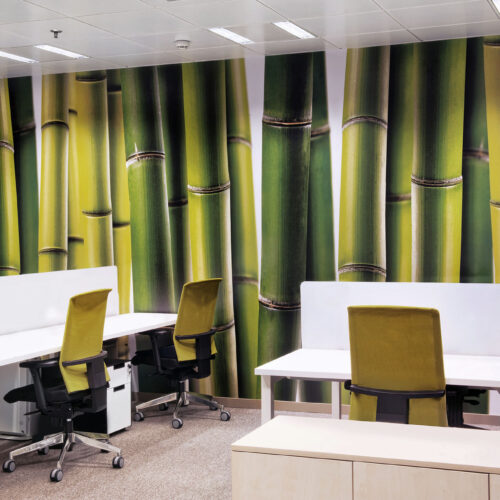 Un interior de oficina contemporáneo con un vibrante mural de bambú en tonos verdes, dos escritorios blancos y sillas ergonómicas en negro y verde lima.