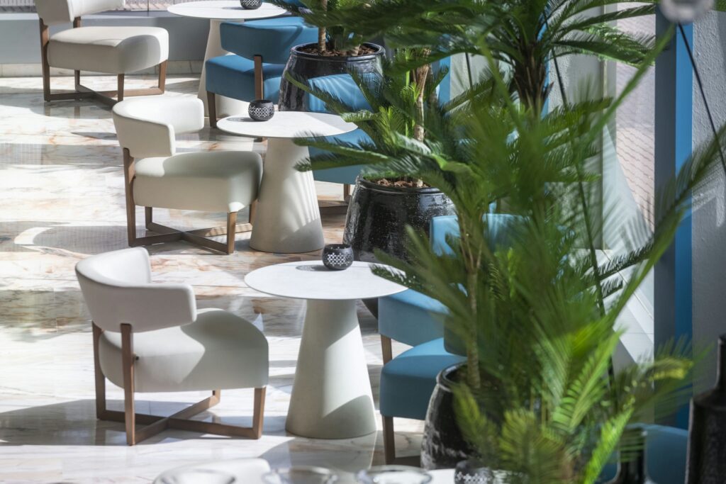 Diseño interior moderno y acogedor Espacio contemporáneo con sillas de diseño y mesas minimalistas en tonos neutros.