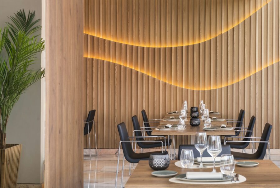 Comedor contemporáneo con mesa de madera y sillas de acero