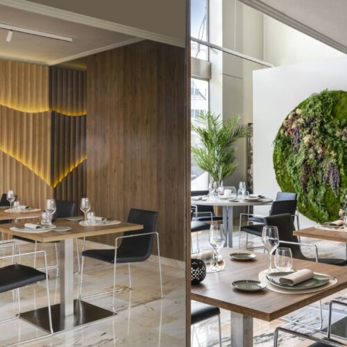 Comedor contemporáneo con madera y vegetación decorativa.