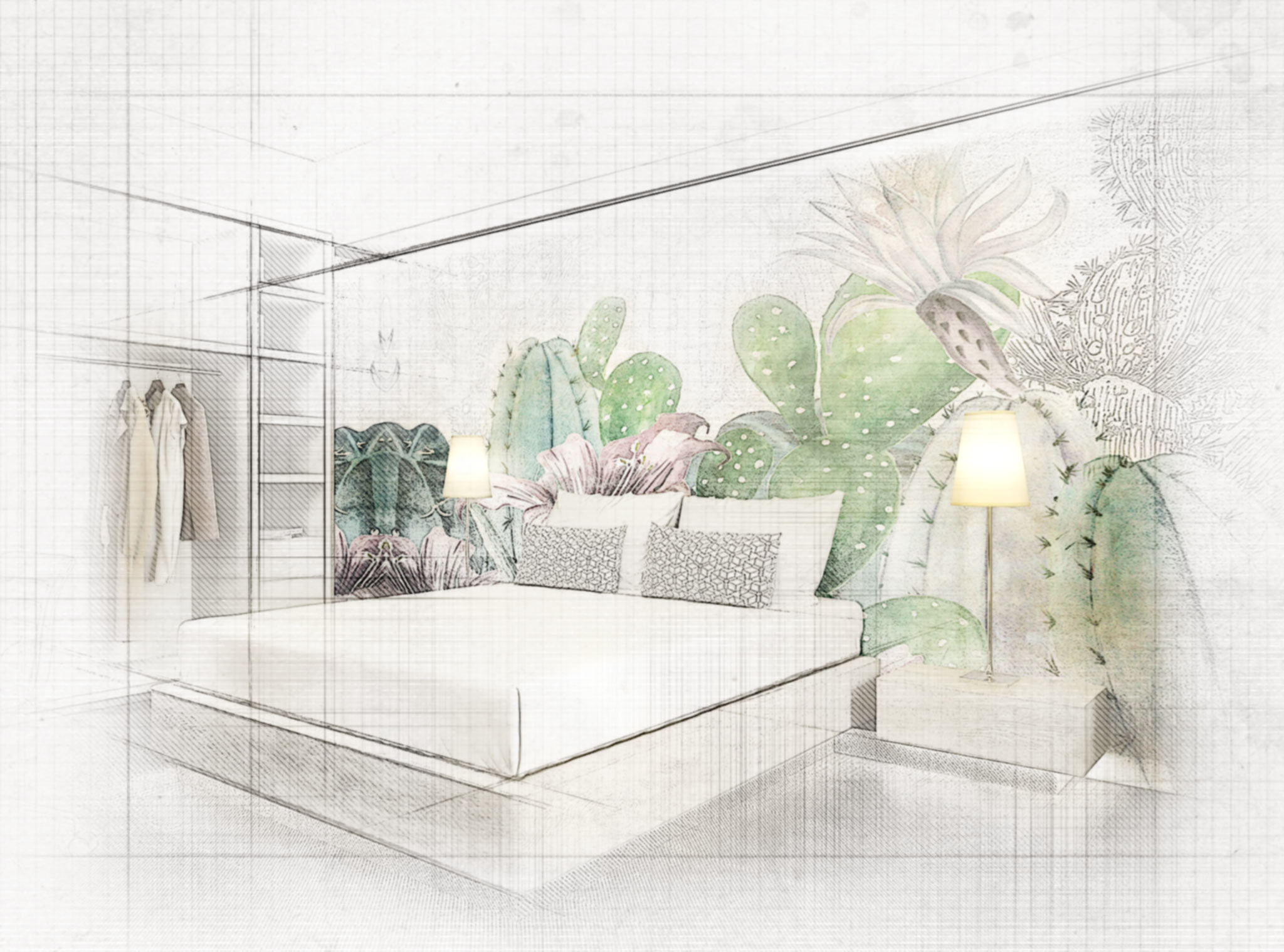 Ilustración conceptual de un dormitorio moderno en Barcelona, con cama decorativa y lámparas estilizadas, destacando un diseño de interiores de alta gama.
