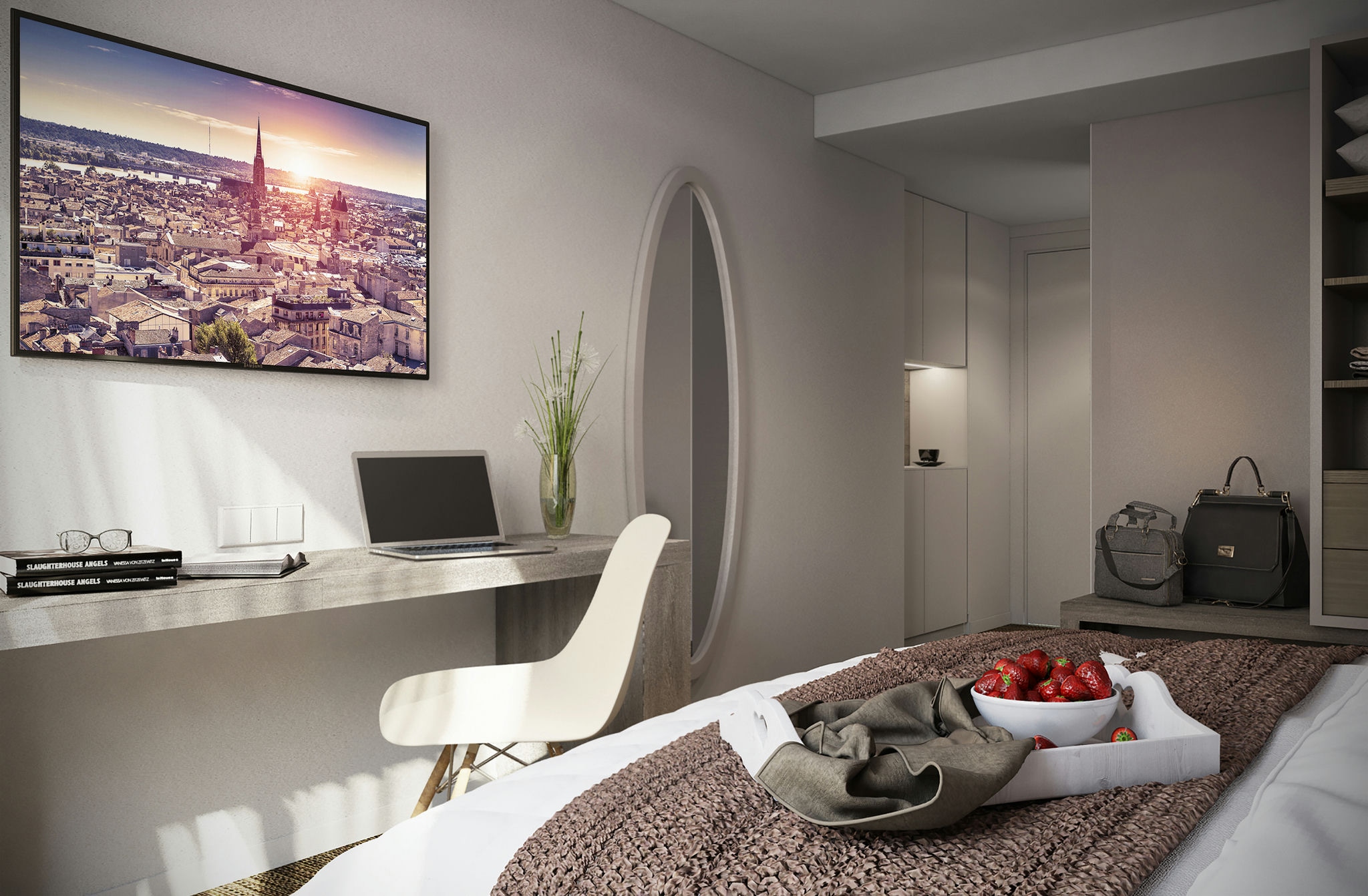 Hôtel Victoire: Dormitorio moderno y sofisticado en Barcelona con cama acogedora, decoración de fresas, escritorio minimalista y pintura vibrante del paisaje barcelonés en la pared.