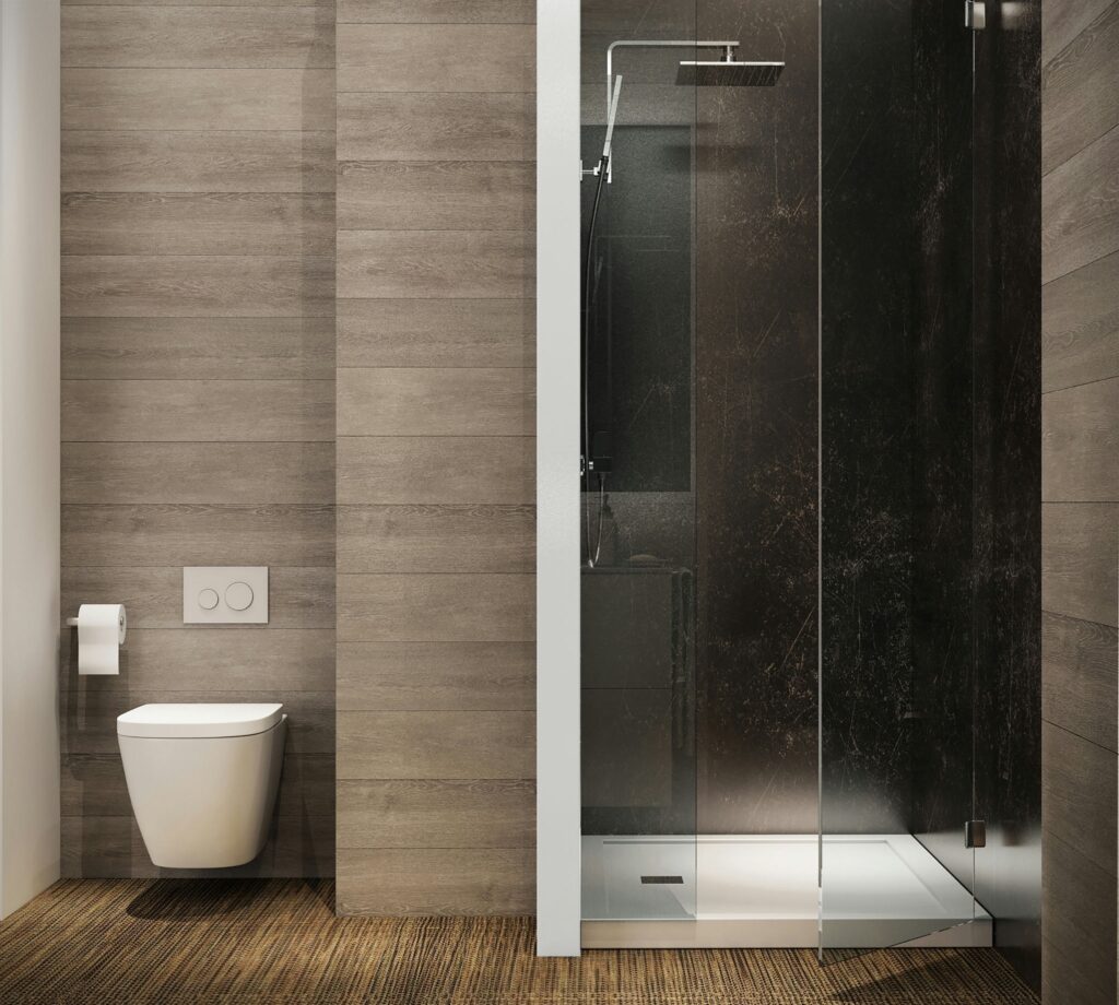 Diseño de Baño Moderno con Arquitectura de Alta Gama en Barcelona Baño moderno con diseño arquitectónico de alta gama en Barcelona, características de inodoro montado en la pared, ducha minimalista con mampara de cristal y elegantes acentos de mármol oscuro.