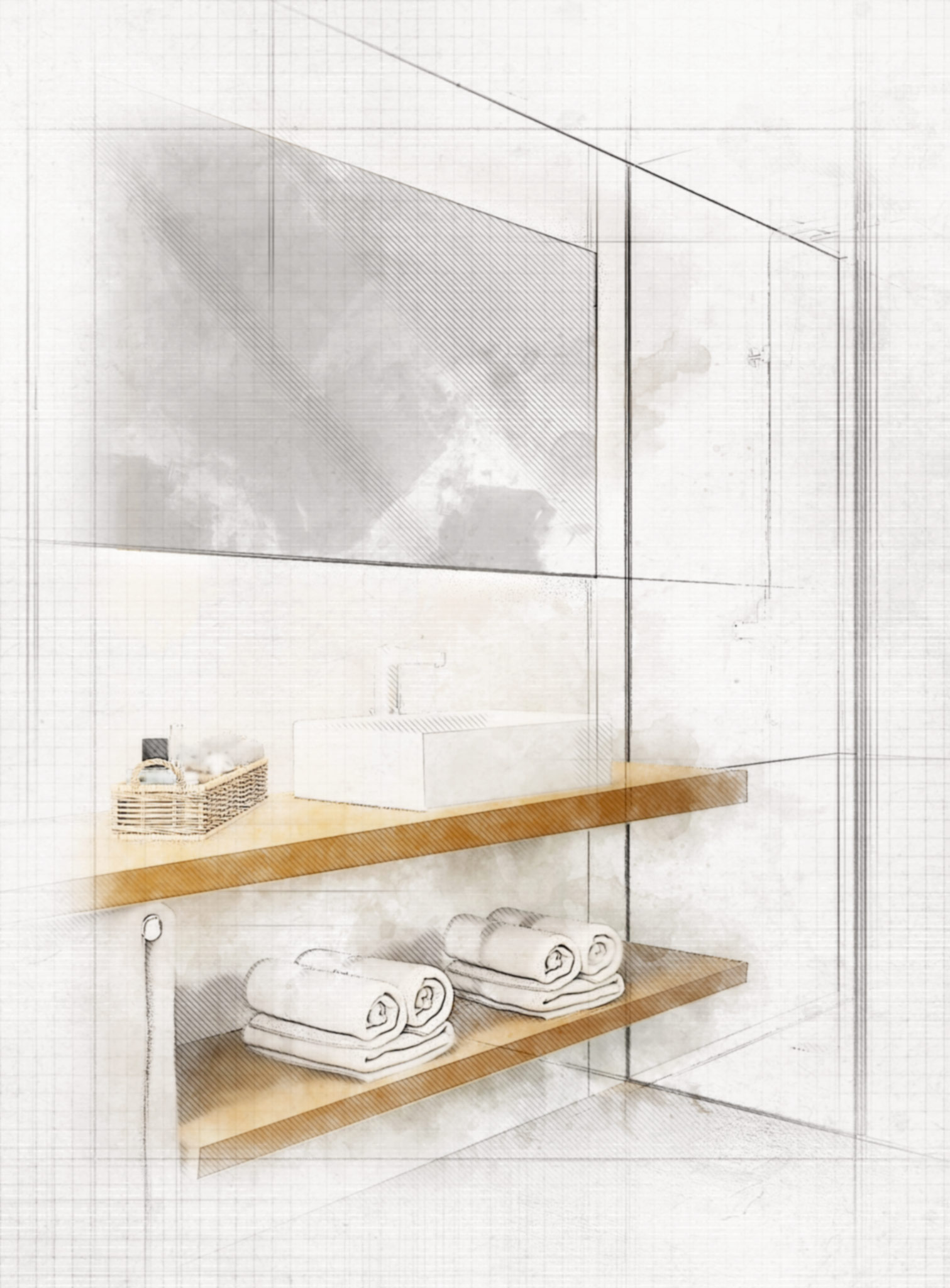 Un baño minimalista que muestra un elegante lavabo rectangular, un estante de madera con toallas blancas cuidadosamente enrolladas y una cesta tejida de artículos de tocador contra paredes ligeras texturizadas, enfatizando la simplicidad y la elegancia.