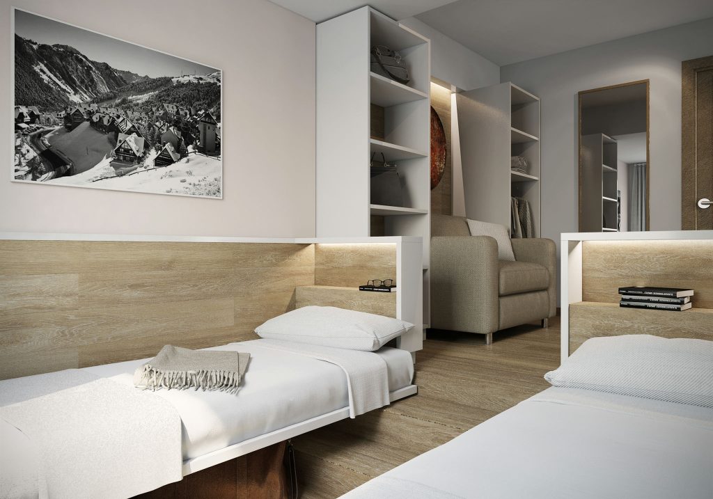 Diseño de interiores contemporáneo en Barcelona - Dormitorio moderno Proyecto de diseño de interiores que muestra un dormitorio moderno en Barcelona, con dos camas individuales, cabeceras de madera y decoración personalizada, iluminado con luz natural.