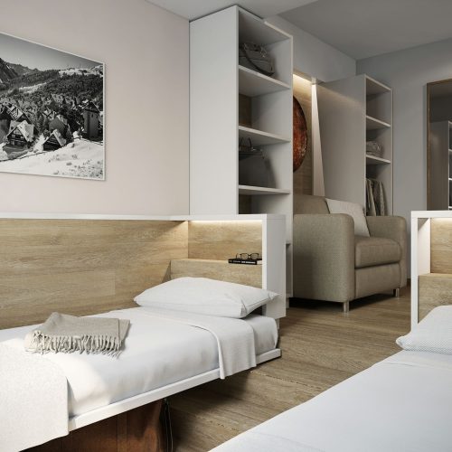 Proyecto de diseño de interiores que muestra un dormitorio moderno en Barcelona, con dos camas individuales, cabeceras de madera y decoración personalizada, iluminado con luz natural.