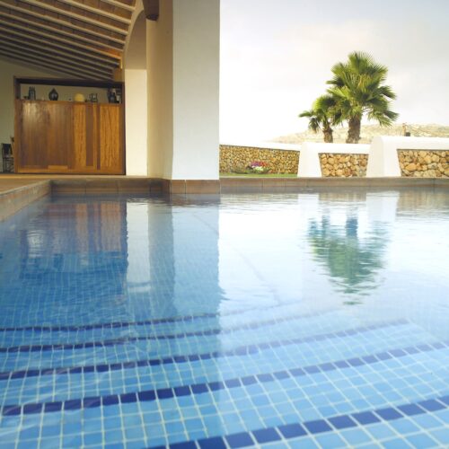 Una serena piscina exterior con agua azul clara que refleja las palmeras circundantes y el diseño arquitectónico moderno, con un bar de madera y paredes de piedra natural para un retiro vacacional tranquilo.
