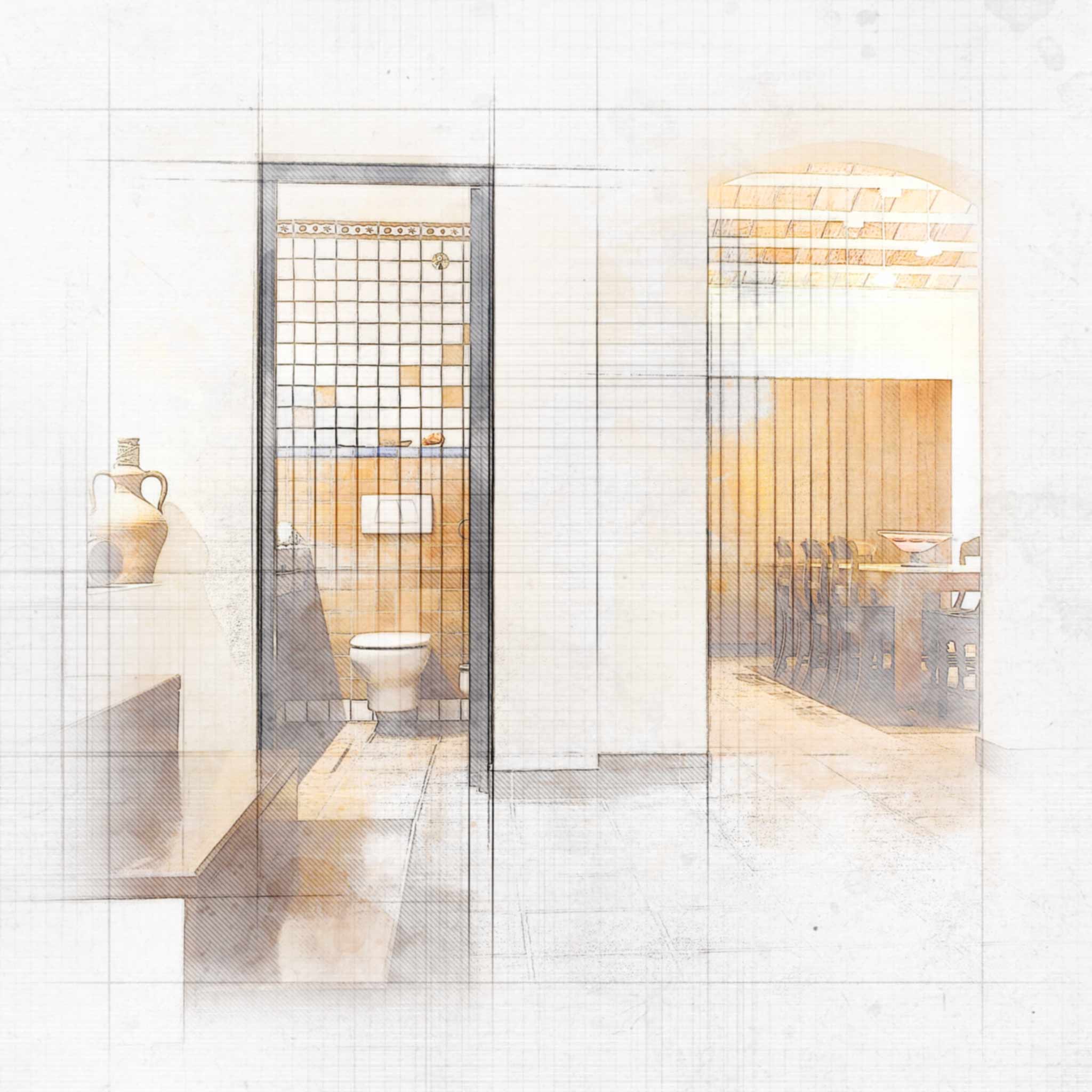 Una ilustración en estilo boceto que muestra un baño moderno con un inodoro tradicional y una pared alicatada, y un área de comedor con una mesa larga y sillas, iluminada por luz natural.