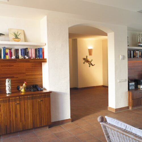 Salón moderno brillante e invitador con estanterías de madera llenas de libros, elementos decorativos como una planta en maceta y una figura de gallo, y una cómoda silla de mimbre bajo luz natural.