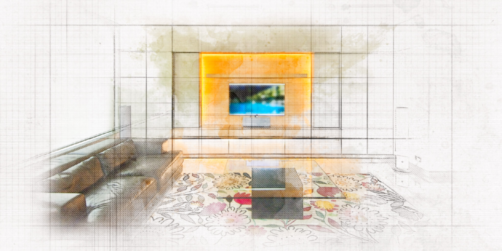 Un diseño de sala de estar contemporánea que presenta un elegante sofá negro, una pared minimalista, una mesa de café estilizada y un televisor de pantalla plana retroiluminado, con una colorida alfombra floral que añade calidez al espacio.