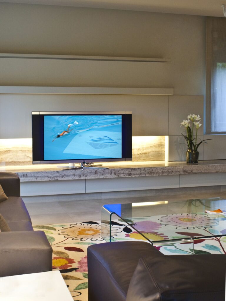Sala de estar moderna y elegante con sofá de cuero oscuro y decoración elegante Una sala de estar contemporánea que presenta un sofá de cuero oscuro, mesa de café de vidrio, televisor montado en la pared, estante de piedra iluminado, alfombra de área floral vibrante y una planta en maceta cerca de una ventana.
