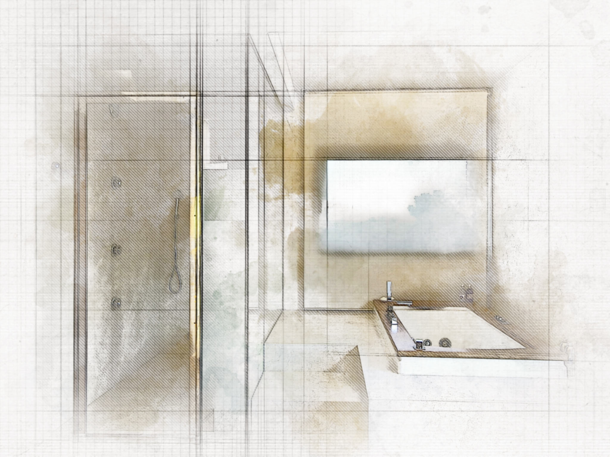 Ilustración de un baño contemporáneo con un área de ducha de panel de vidrio y una bañera elegante, enfatizando una estética minimalista con una atmósfera serena realzada por la luz natural.