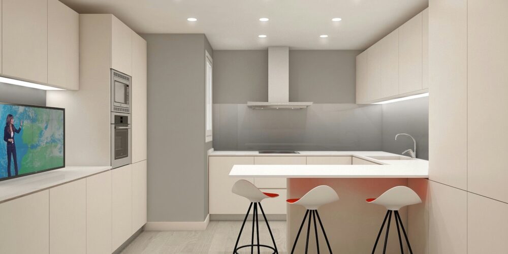 Diseño contemporáneo de cocina en Barcelona con armarios beige, encimeras blancas, taburetes de diseño y iluminación LED empotrada, destacando la funcionalidad y estética en interiores de alta gama.