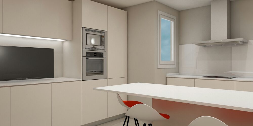 Diseño de interiores moderno de cocina contemporánea en Barcelona, con muebles de alta gama en madera y cristal, armarios claros, electrodomésticos integrados y una amplia isla central iluminada por luz natural.