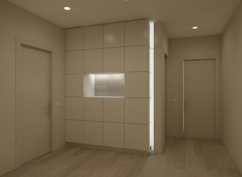 Pasillo Moderno y Elegante en Proyecto de Diseño de Interiores de Alta Gama en Barcelona Imagen de un pasillo moderno y elegante en un proyecto de diseño de interiores de alta gama en Barcelona, con paredes claras, paneles contemporáneos, iluminación suave, y suelo de madera clara.