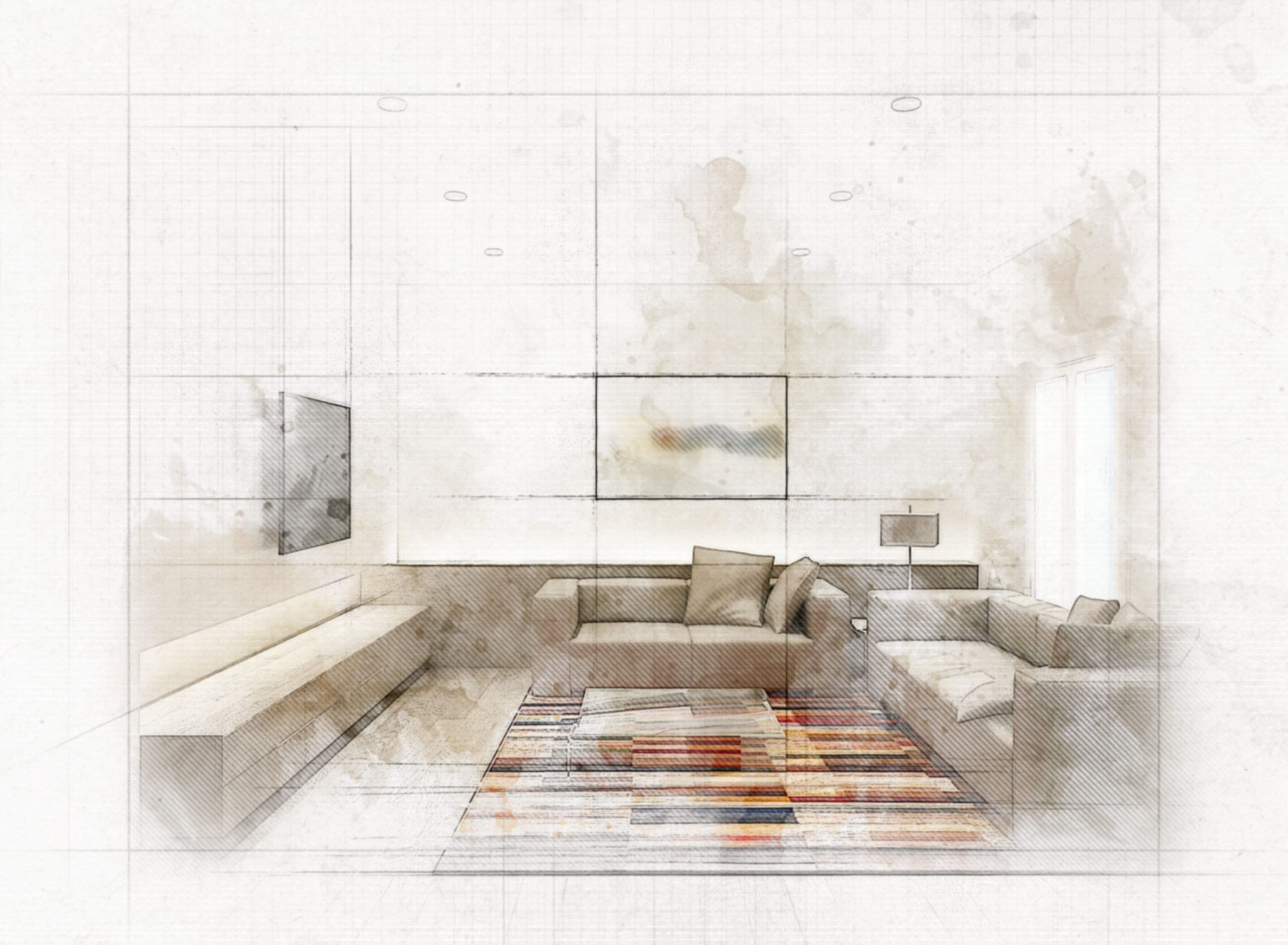 Una imagen suavemente presentada de una sala de estar moderna y minimalista que cuenta con un cómodo sofá gris, una alfombra decorativa y un elegante mueble de televisión de perfil bajo. La habitación está decorada en una paleta de colores claros, beige y blanco, con colores vibrantes en la alfombra que realzan el estilo contemporáneo. La luz natural inunda a través de grandes ventanales, creando una atmósfera aireada y tranquila.