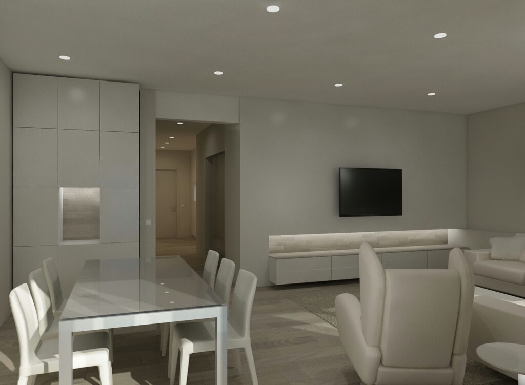 Casa moderna de lujo en Barcelona con comedor y sala de estar elegante Interior de un sofisticado salón y comedor moderno en Barcelona, con una mesa de comedor de cristal y sillas blancas, mobiliario minimalista, iluminación natural y materiales de alta calidad como madera y mármol.
