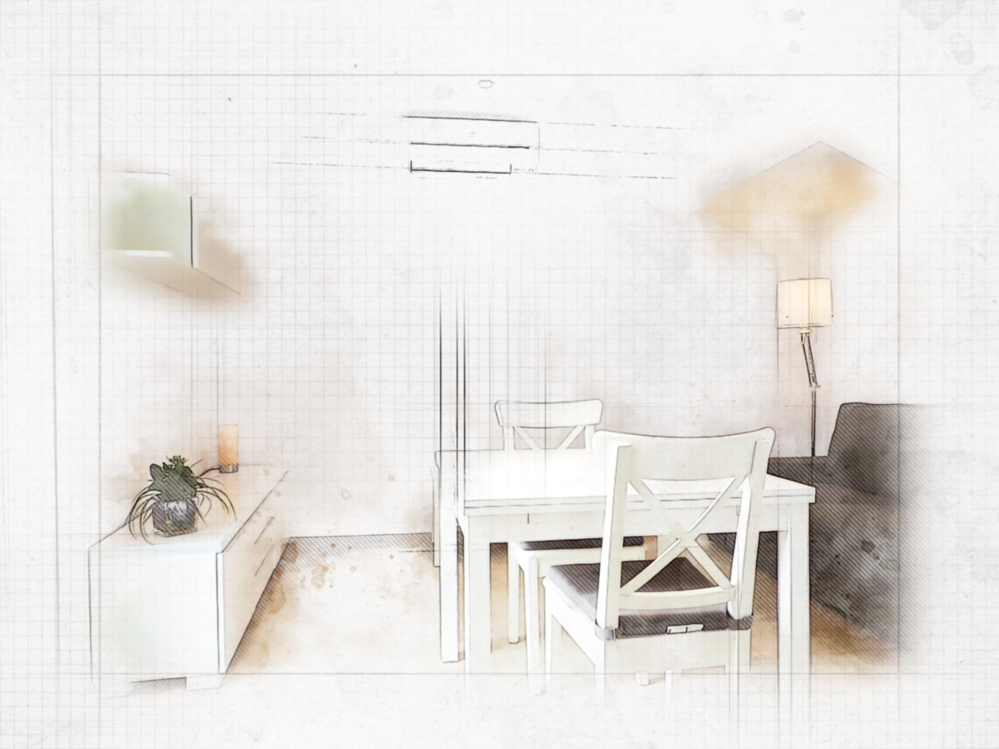 Diseño de interiores contemporáneo en un comedor elegante de un apartamento de alta gama en Barcelona, con una mesa blanca minimalista, sillas a juego, un sofá oscuro y una lámpara de pie moderna, todo iluminado por luz natural.