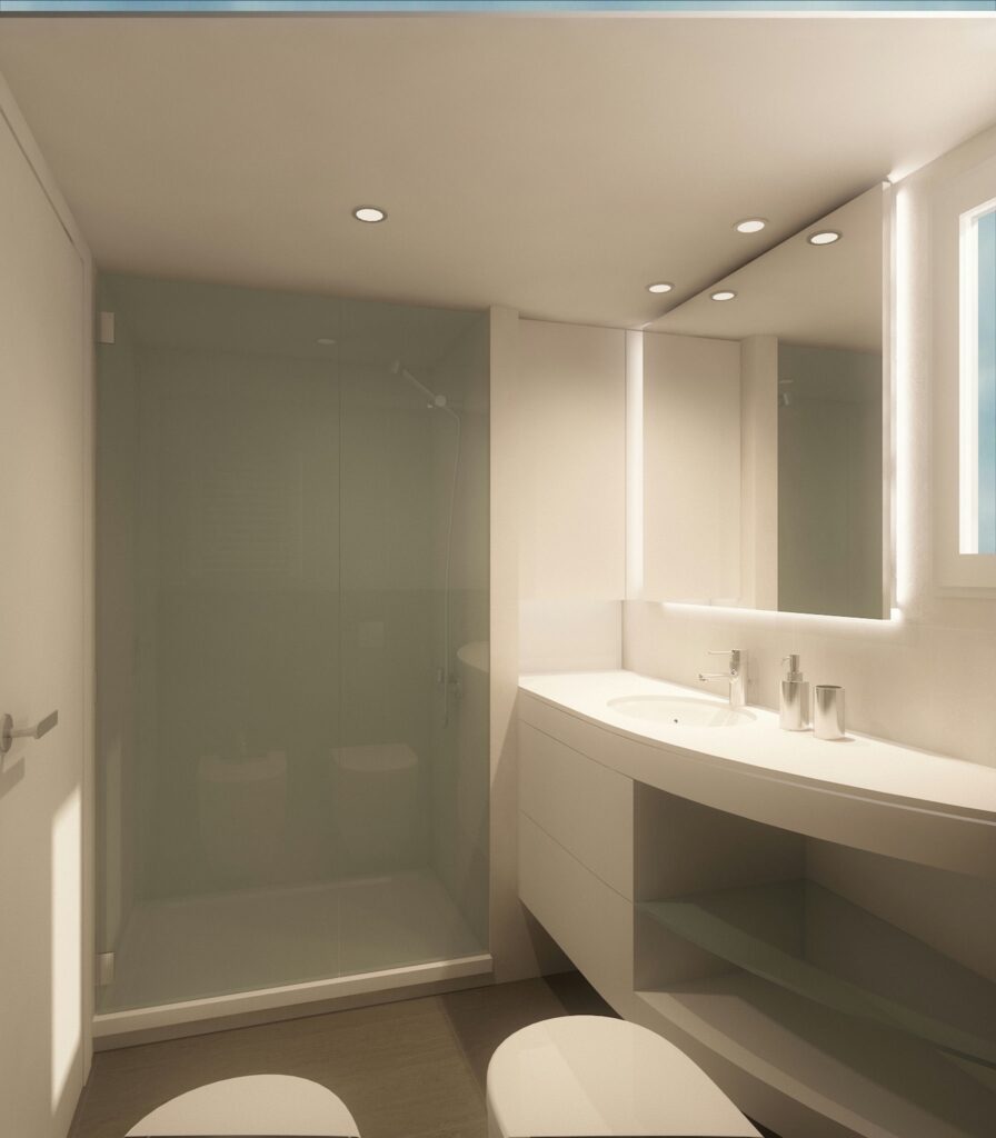 Diseño de baño moderno y de alta gama en Barcelona Baño moderno y funcional con acabados de alta calidad en Barcelona, destacando diseño minimalista y detalles arquitectónicos únicos.
