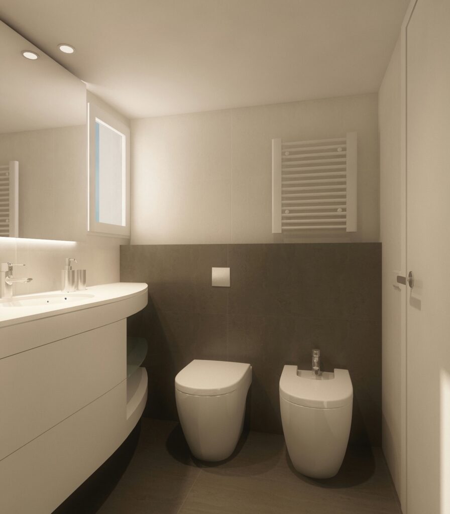 Diseño de interiores de baño moderno en Barcelona con vanidad curva y luz natural Vista interior de un baño moderno en Barcelona, con una vanidad curva blanca, dos lavabos y accesorios contemporáneos, resaltando un diseño funcional y materiales de alta calidad.