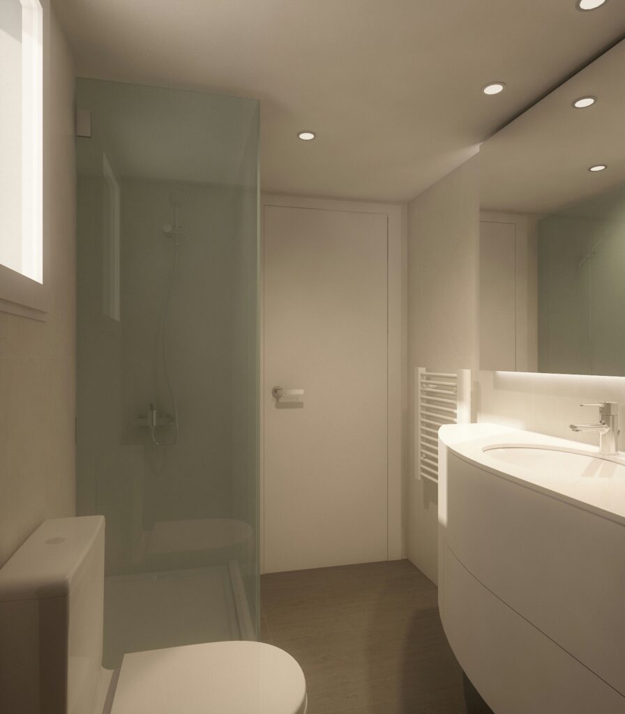 Baño moderno de diseño contemporáneo en Barcelona con estilo minimalista Diseño de un baño moderno en Barcelona con inodoro blanco, ducha de vidrio, lavabo curvado y espejo iluminado, enfatizando la funcionalidad y estética en materiales de alta calidad.
