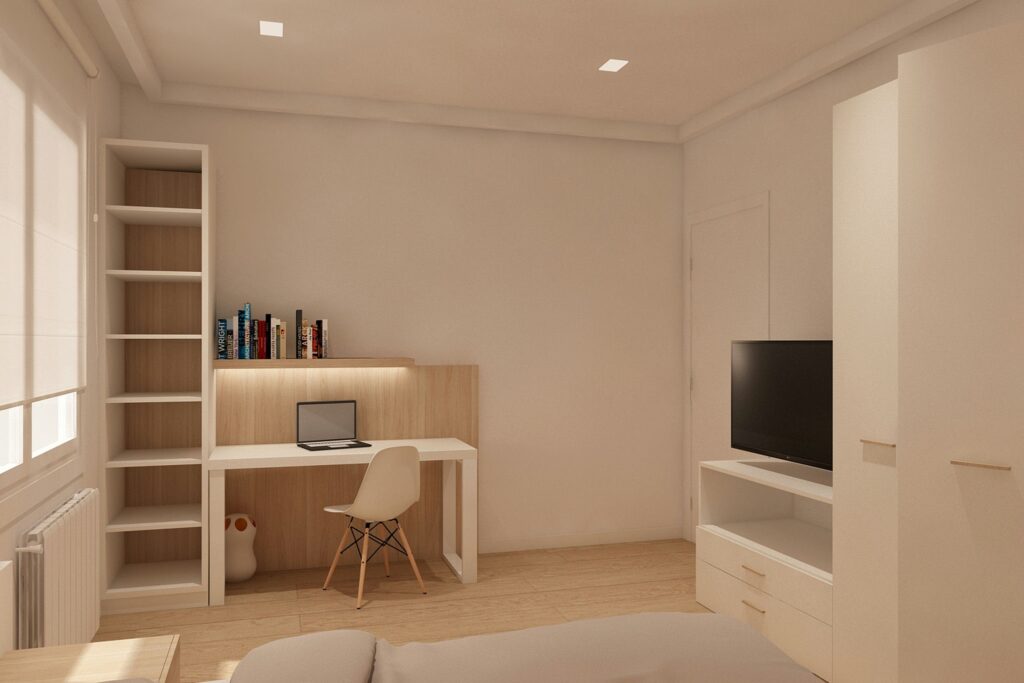 Diseño de interiores moderno en Barcelona: oficina contemporánea y elegante Espacio de trabajo contemporáneo en Barcelona con un escritorio minimalista de madera, laptop, silla elegante y estantería llena de libros, iluminado por luz natural.