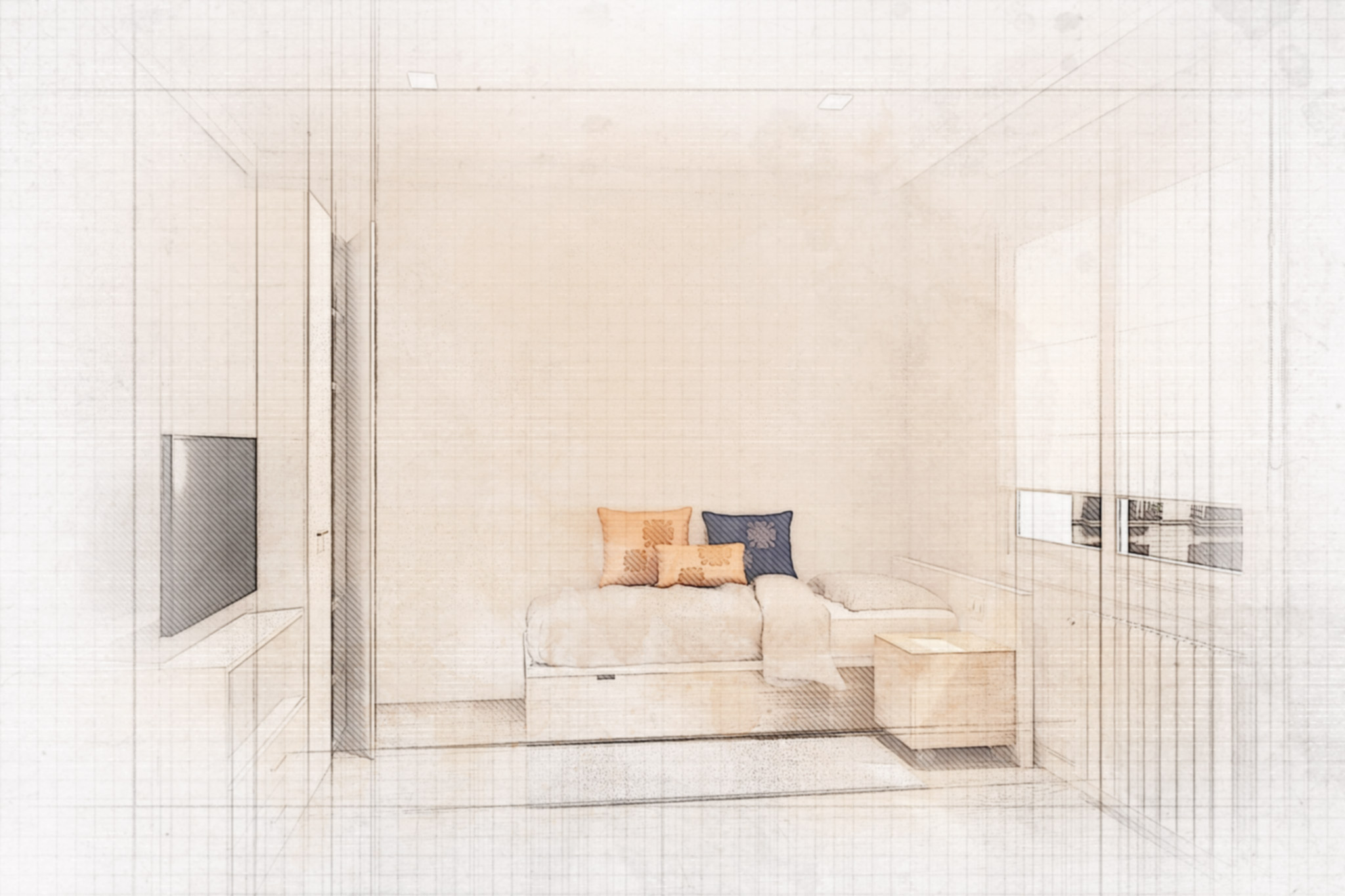 Renderizado conceptual de un dormitorio moderno en Barcelona, destacando materiales de calidad y detalles arquitectónicos sofisticados, con una paleta de colores en gris y beige, y mobiliario personalizado.