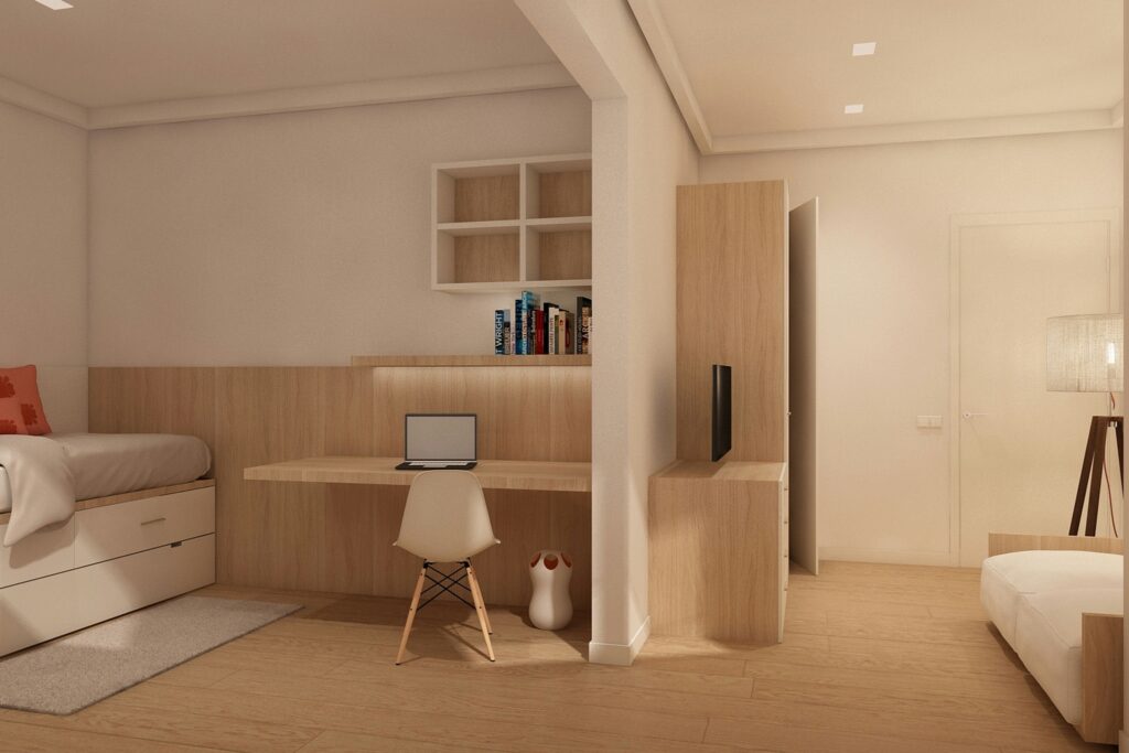 Diseño de interiores moderno en Barcelona: dormitorio contemporáneo con detalles elegantes Proyecto de diseño de interiores de alta gama en Barcelona, mostrando un dormitorio contemporáneo con acabados en madera, paleta de colores suaves y una iluminación natural exquisita.