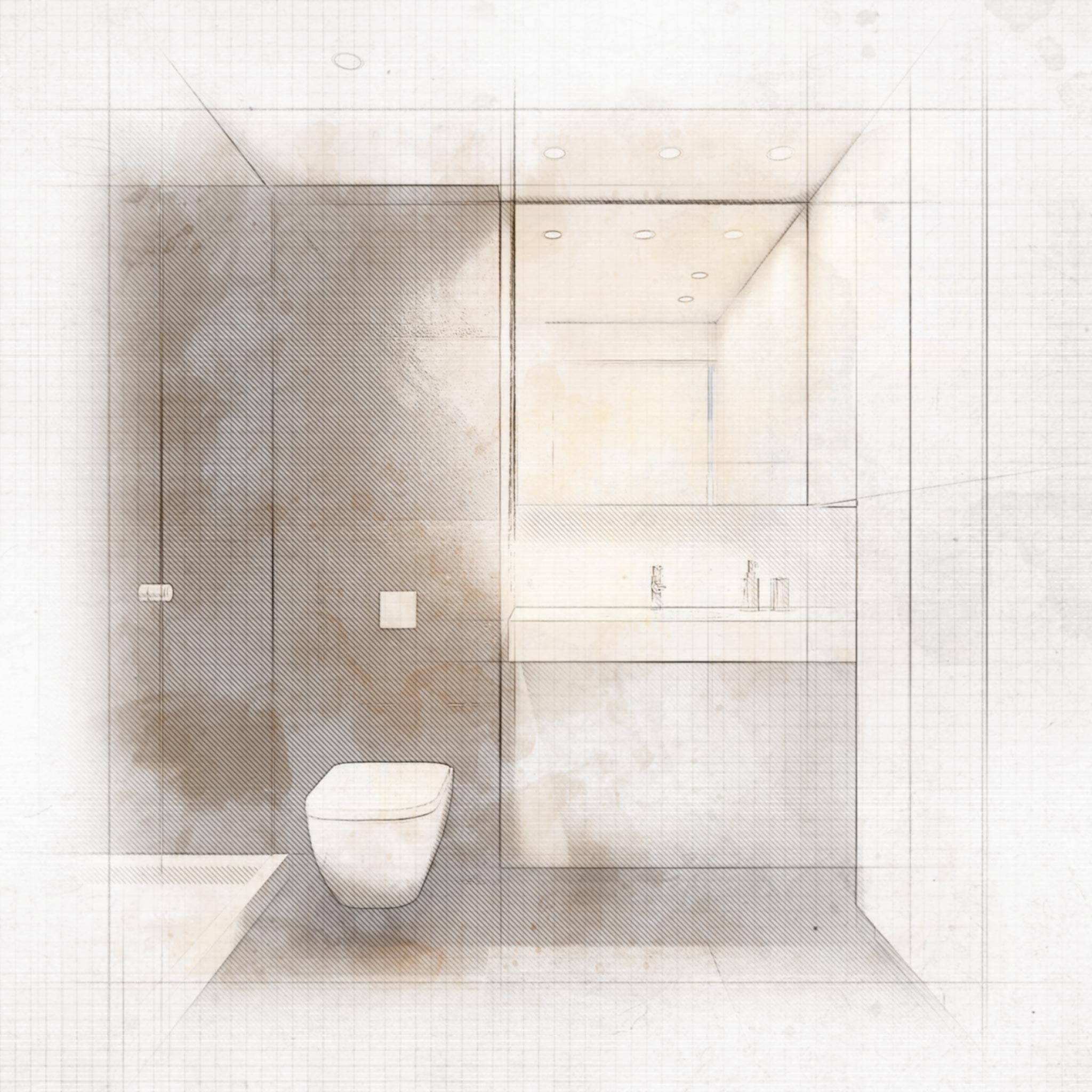 Ilustración de un baño contemporáneo y minimalista que muestra un inodoro moderno, un tocador elegante de doble grifo, paredes texturizadas y iluminación empotrada, destacando líneas limpias y simplicidad para una inspiración de diseño sereno.