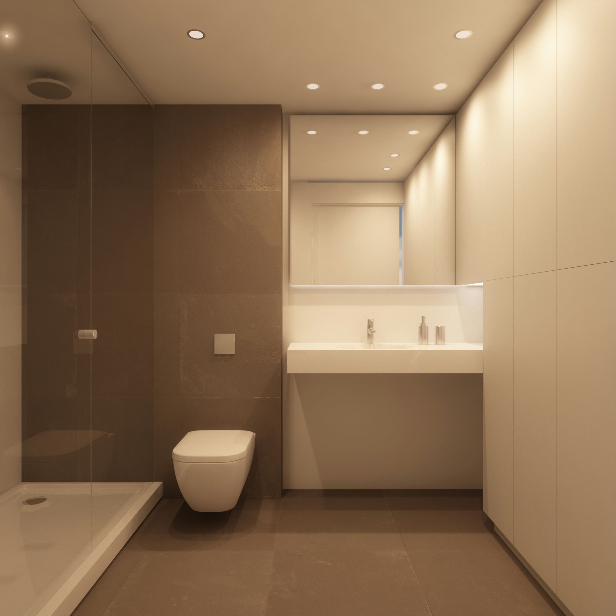 Baño contemporáneo en Barcelona con diseño minimalista, walk-in shower, inodoro blanco, lavamanos y azulejos en tonos neutros, iluminado de forma natural.