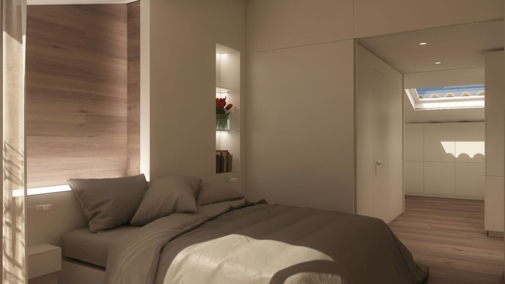 Diseño de dormitorio moderno en Barcelona con elementos de alta gama Diseño de dormitorio moderno en Barcelona, con materiales de alta calidad como madera, iluminación natural de un tragaluz, estanterías personalizadas y énfasis en la funcionalidad y estética.