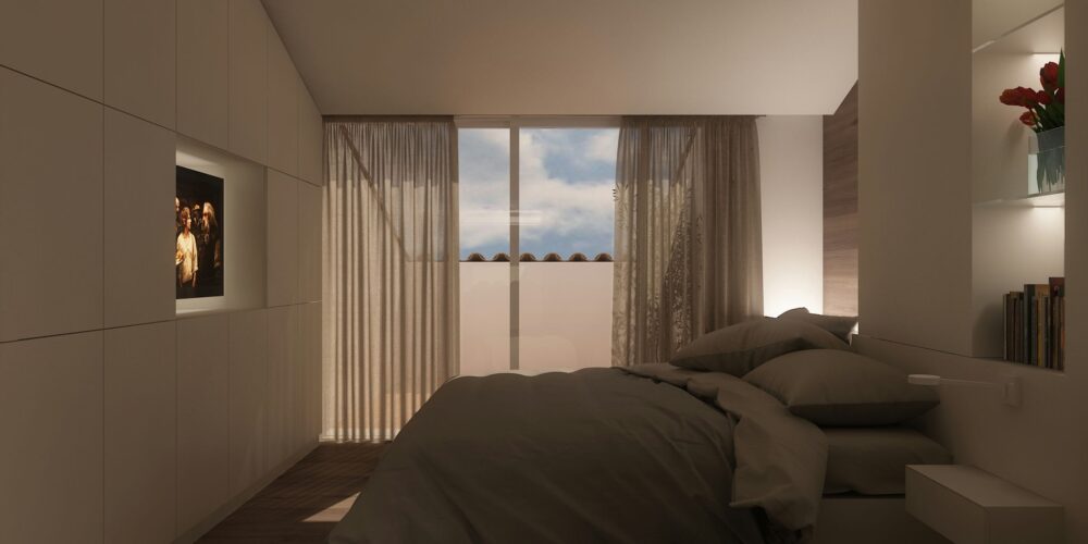 Ático en Calonge: Dormitorio moderno en Barcelona con grandes ventanas, decoración de alta gama y materiales de calidad como madera y mármol.