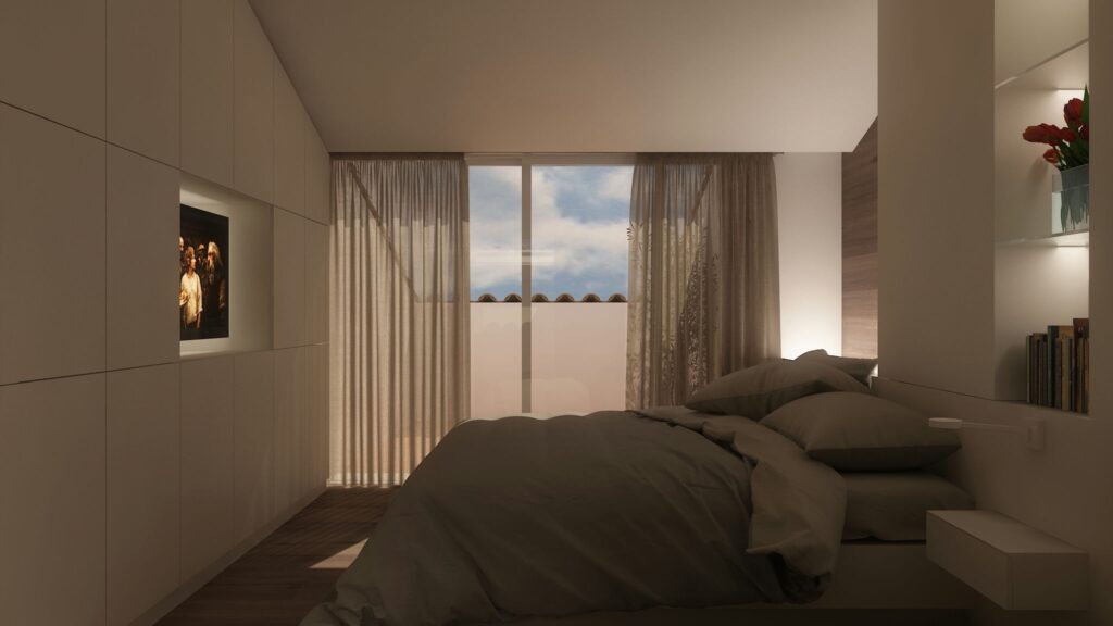 Ático en Calonge: Dormitorio moderno en Barcelona con grandes ventanas, decoración de alta gama y materiales de calidad como madera y mármol.
