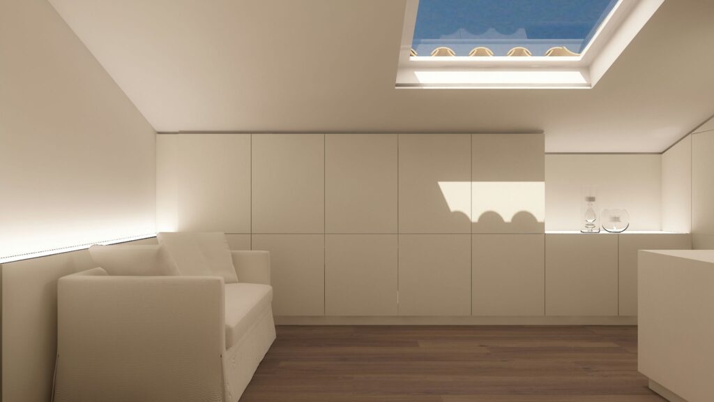 Diseño de interiores moderno en Barcelona: sofás minimalistas y luz natural Diseño de interiores de alta gama en Barcelona, con un sofá blanco minimalista, gabinetes elegantes y luz natural que entra a través de un tragaluz, reflejando funcionalidad y estética.