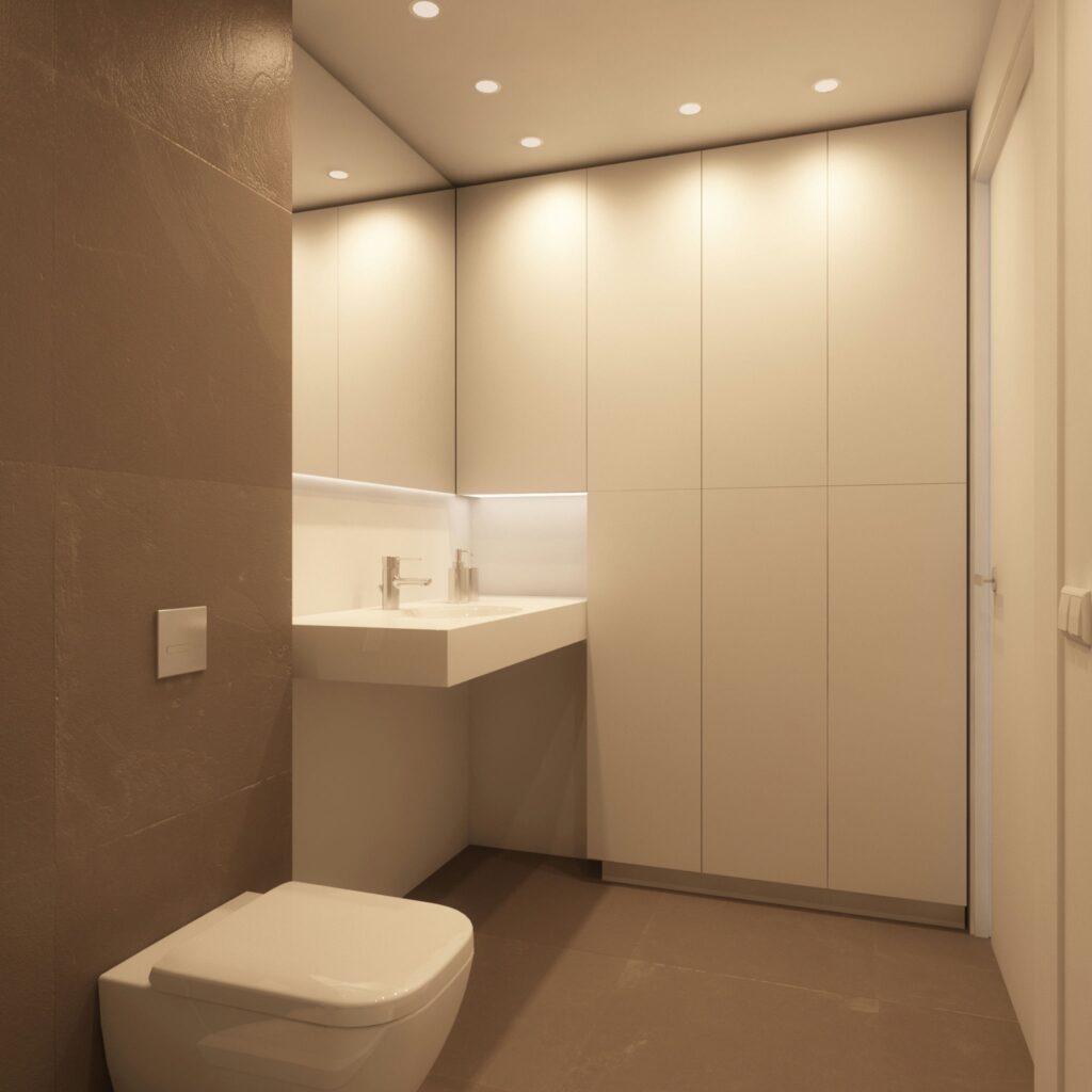 Baño moderno y elegante con diseño minimalista en Barcelona Baño contemporáneo en Barcelona con azulejos marrones, inodoro blanco, lavabo sobre encimera flotante y armarios de almacenamiento claros, destacado por iluminación LED suave. Perfecto para proyectos de diseño de interiores y arquitectura de alta gama.