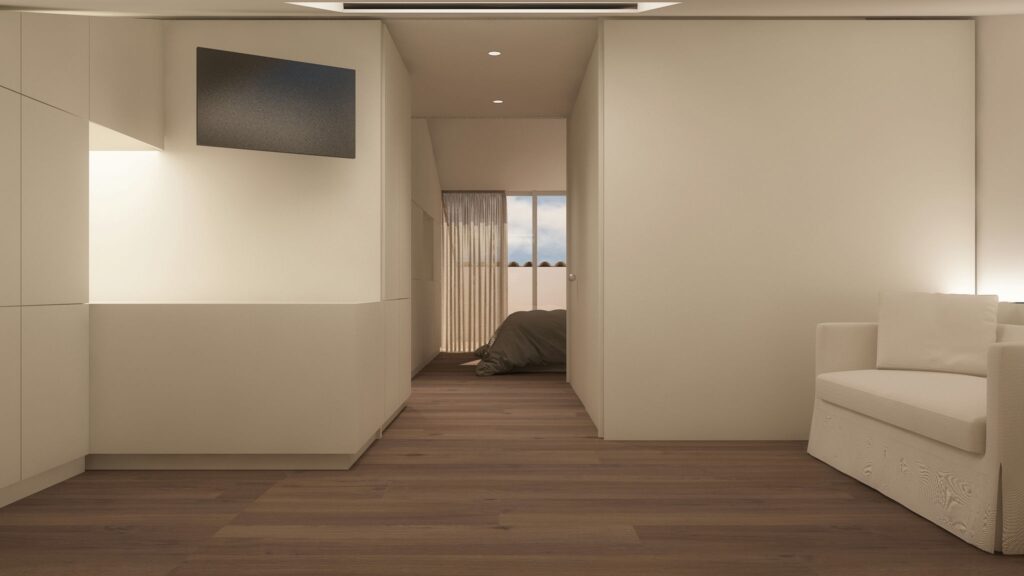 Proyecto de Diseño de Interiores Moderno en una Residencia de Alta Gama en Barcelona Pasillo espacioso de un proyecto de diseño de interiores contemporáneo en una residencia de lujo en Barcelona, con paredes blancas, suelos de madera cálidos y un sofá elegante en tonos claros, iluminado por luz natural a través de cortinas transparentes.