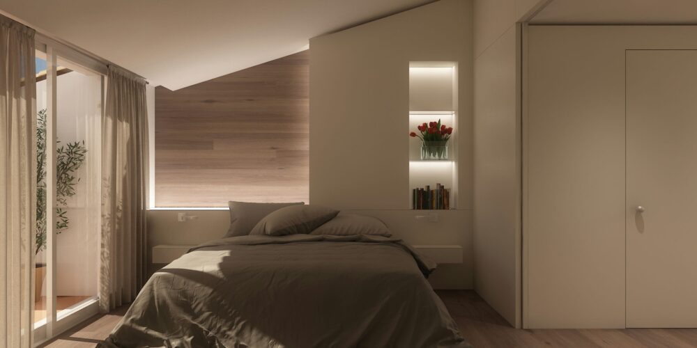 Elegante dormitorio con diseño contemporáneo en Barcelona, equipado con cama acogedora, iluminación natural, paredes de madera y acceso a un área exterior a través de puertas de cristal.