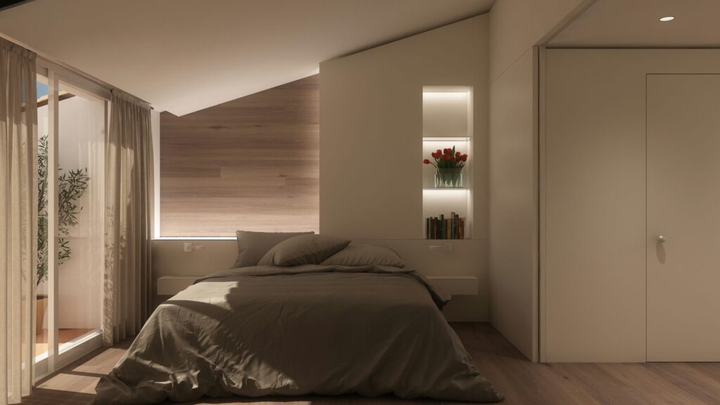 Interiorismo de lujo en Barcelona: dormitorio elegante con diseño moderno Elegante dormitorio con diseño contemporáneo en Barcelona, equipado con cama acogedora, iluminación natural, paredes de madera y acceso a un área exterior a través de puertas de cristal.