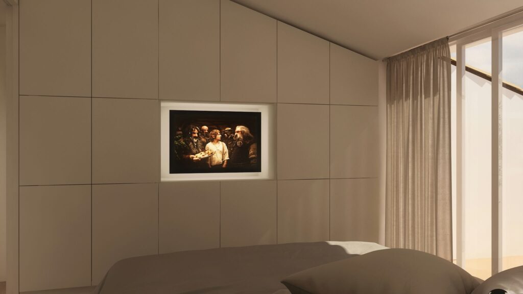 Diseño de interiores de un dormitorio moderno en Barcelona con elementos arquitectónicos de alta gama Interior de un dormitorio moderno en Barcelona con un diseño minimalista, paleta de colores neutros y acentos en madera. Resalta una obra de arte iluminada y amplias ventanas que permiten la entrada de luz natural.