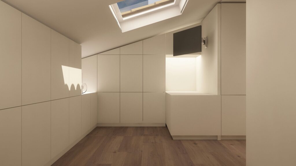 Cocina moderna de alta gama en Barcelona con diseño minimalista Diseño interior de cocina moderna y elegante en Barcelona, con mobiliario blanco, iluminación natural a través de una claraboya y suelos de madera