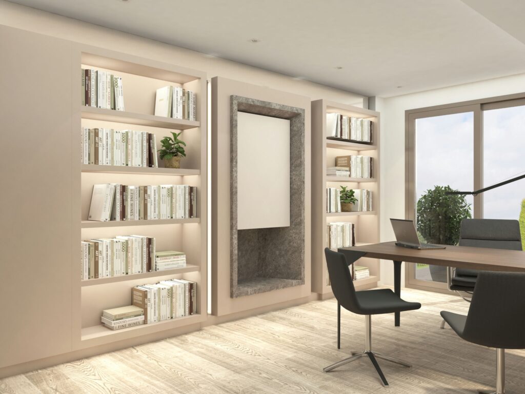 Diseño de interiores moderno en Barcelona - Arquitectura de alta gama Espacio interior contemporáneo en Barcelona con muebles funcionales, estantería iluminada y luz natural