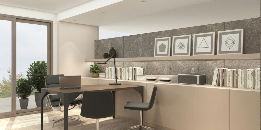 Diseño moderno de un espacio de trabajo de alta gama en Barcelona, con un escritorio minimalista, sillas elegantes y luz natural a través de grandes ventanas. La paleta de colores neutros incluye cabinetry beige y arte geométrico decorativo en la pared. Destacan materiales de alta calidad como madera y piedra, una distribución funcional enfocada en la estética y plantas en macetas para un toque de verde.
