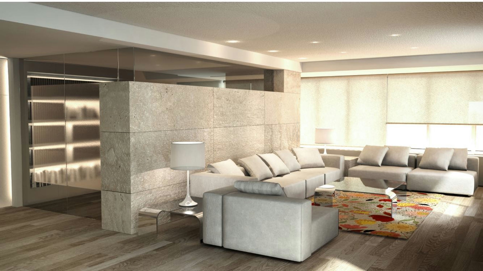 Piso en Calle Nena Casas: Salón contemporáneo: Sofá de tonos suaves, mesa de vidrio y divisor de travertino romano. Iluminación natural y diseño que integra madera de roble y mármol. Proyecto minimalista por Intersa.