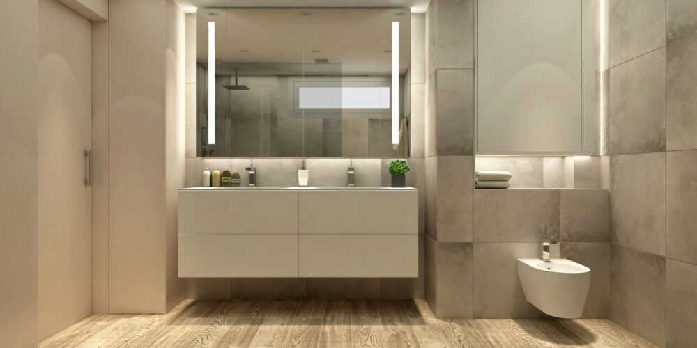 Cuartos de baño: Baño contemporáneo en Barcelona con mueble minimalista, espejo grande y grifería moderna, acentuado por azulejos gris claro y piso de madera natural, iluminado por luz natural.