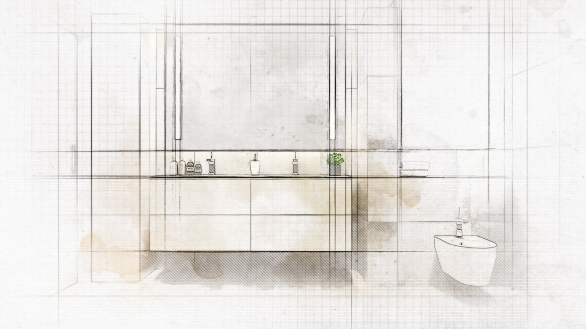 Dibujo arquitectónico estilizado que muestra un baño moderno con diseño minimalista, que cuenta con un tocador y un lavabo elegantes, un inodoro contemporáneo, grandes espejos de pared y artículos de tocador decorativos con una pequeña planta que aporta verdor.
