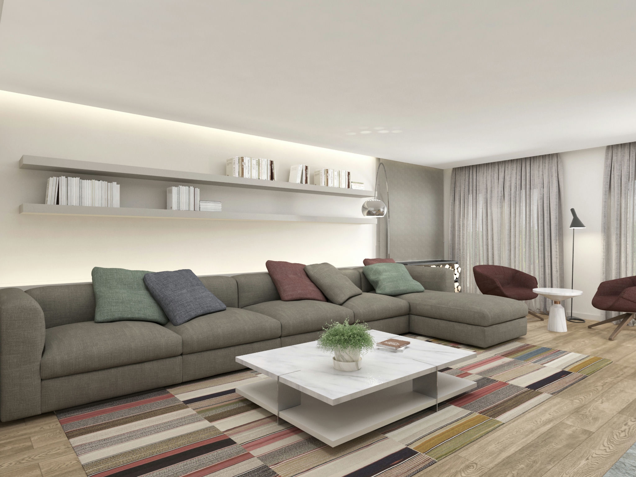 Salón contemporáneo en Barcelona con sofá gris oscuro, cojines coloridos, mesa de café blanca, alfombra de rayas vibrantes y estanterías flotantes. Iluminación natural y detalles arquitectónicos sofisticados.