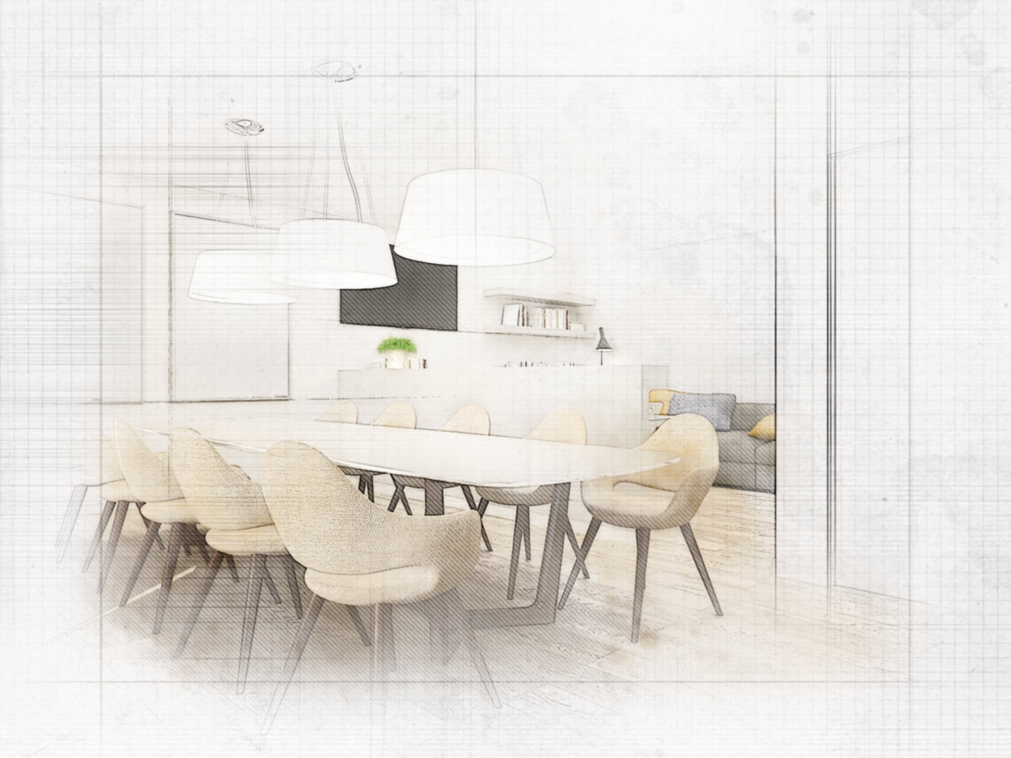 Esbozo de un área de comedor moderna en un proyecto de diseño de interiores de alta gama en Barcelona, destacando una mesa alargada, sillas elegantes y lámparas colgantes sobre un fondo de decoración minimalista con una paleta de colores neutros.