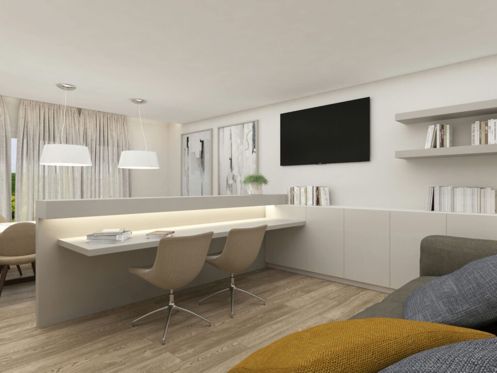 Diseño de interiores moderno en Barcelona: funcionalidad y estética Moderno diseño de interiores en Barcelona que presenta un espacio funcional y estético con una mesa de trabajo blanca iluminada, sillas contemporáneas, decoraciones sencillas y grandes ventanas que permiten la entrada de luz natural. Incluye un área de almacenamiento minimalista y un televisor en la pared, con suelo de madera y cojines de colores en un sofá, reflejando alta calidad en los materiales utilizados.